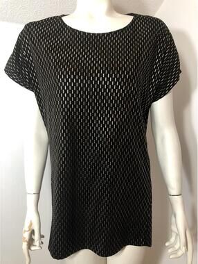 Long Tall Sally Womens XS Short Sleeve Top Black Metallic Gold Print Hi Lo Hem